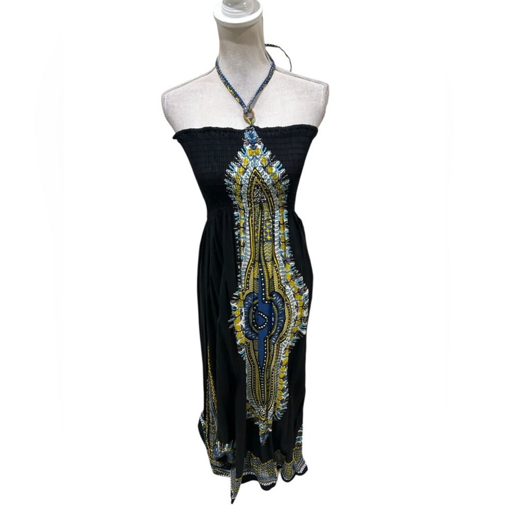 Jackpot navy halter smocked top Maxi sunDress Blue /Yellow front print size OS